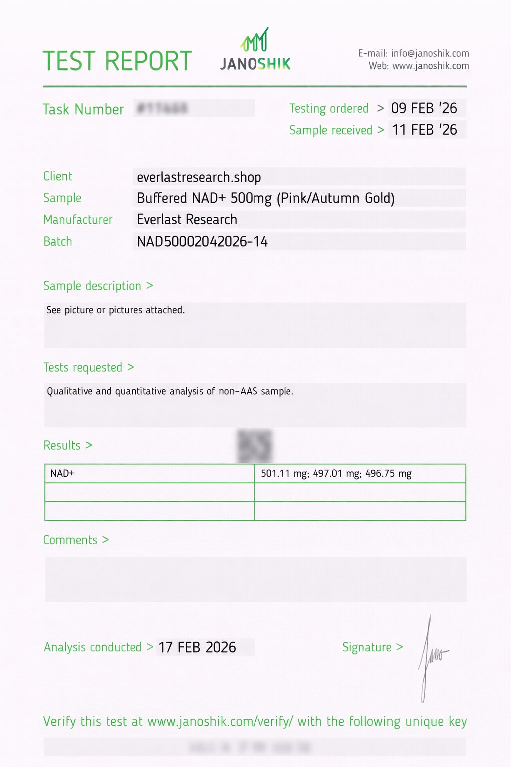 NAD+ Certificate of Analysis