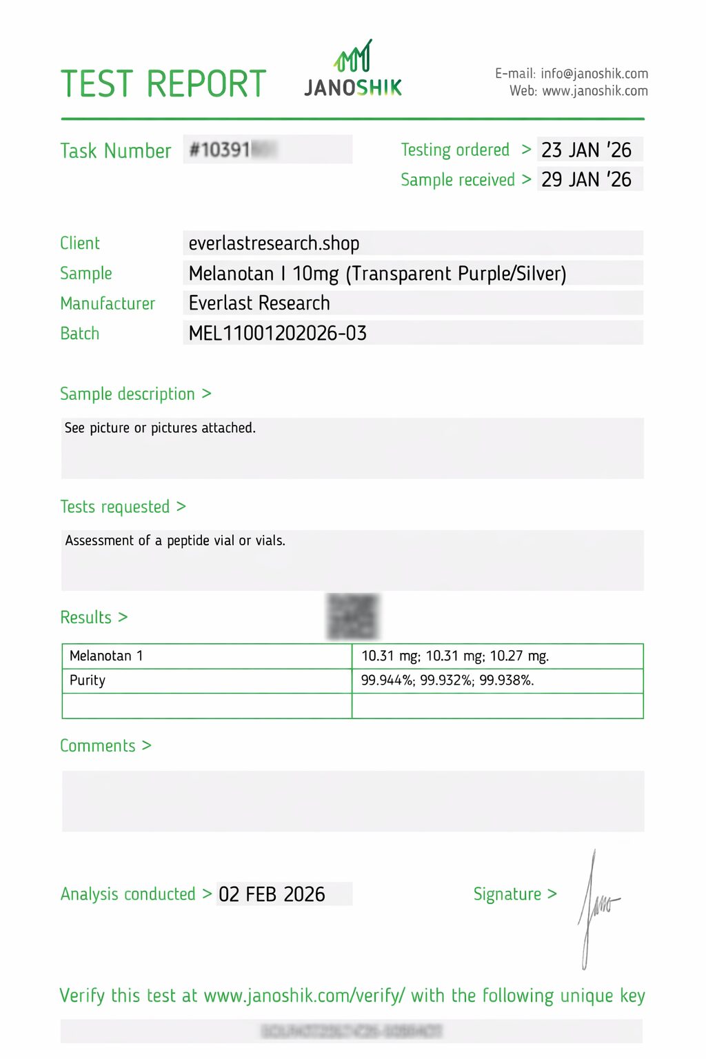 MT-1 (Melanotan I) Certificate of Analysis