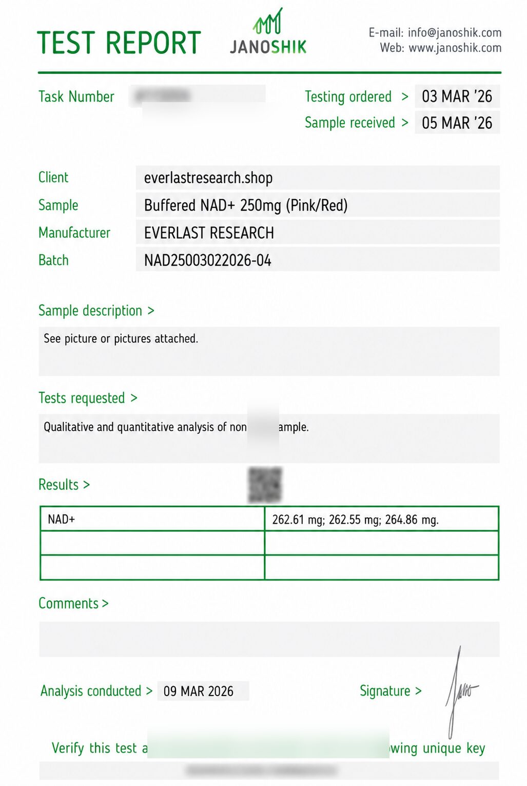 NAD+ Certificate of Analysis